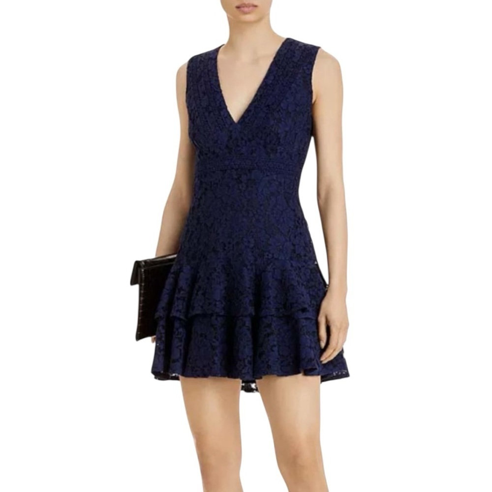 NWT AQUA Navy Sleeveless Allover Lace Back Zip Lined Mini Dress Size Medium